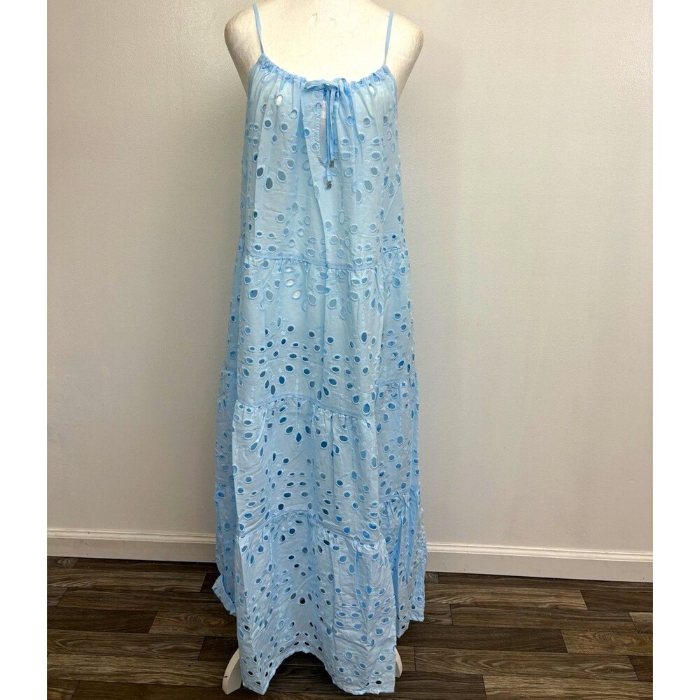 DKNY Beachwear Eyelet Maxi Dress Swim Cover Up Light Blue Tiered Size L NWT $68
